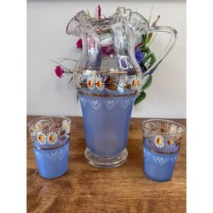 Vintage Hand-Painted Blue Glass‎ Lemonade Pitcher Matching Tumblers Daisy Floral